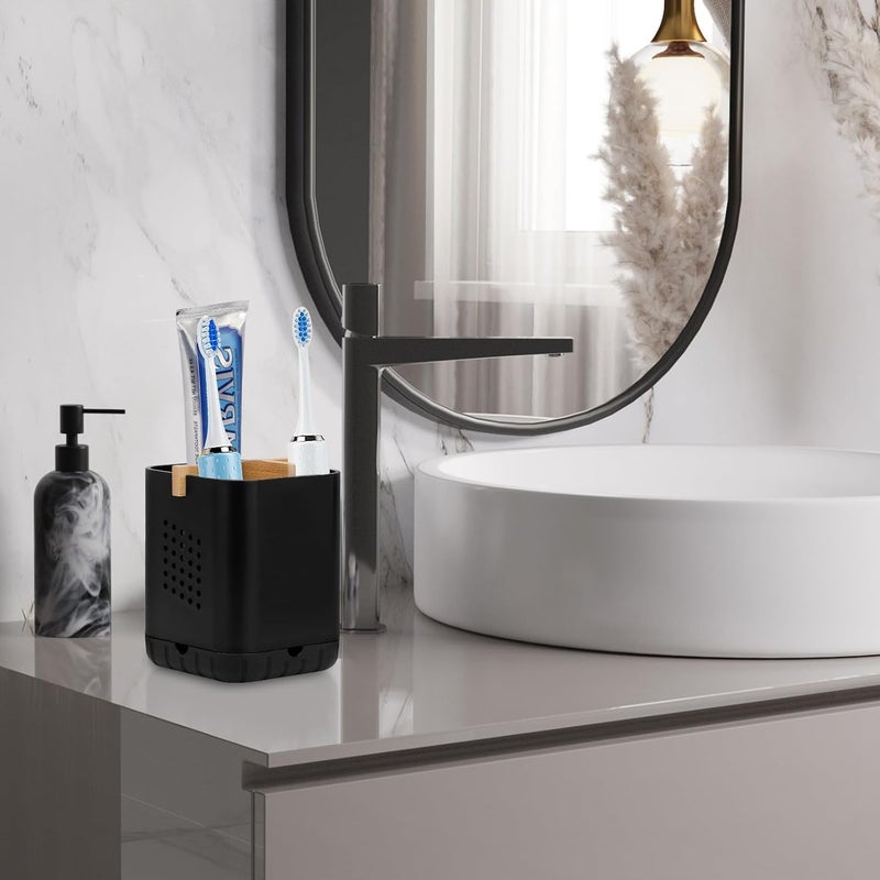 Boperzi Black Toothbrush Holders for Bathroom, Electric Toothbrush Holder with Bamboo Divider, Detachable Anti-Slip Toothbrush and Razor Holder Drainage for Shower, Toothbrush Organizer and Storage - Image 4